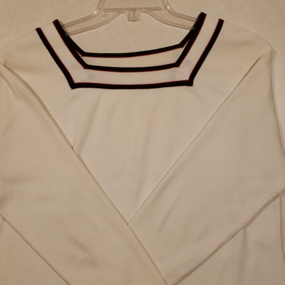 Emma James cream sweater, black and red trim